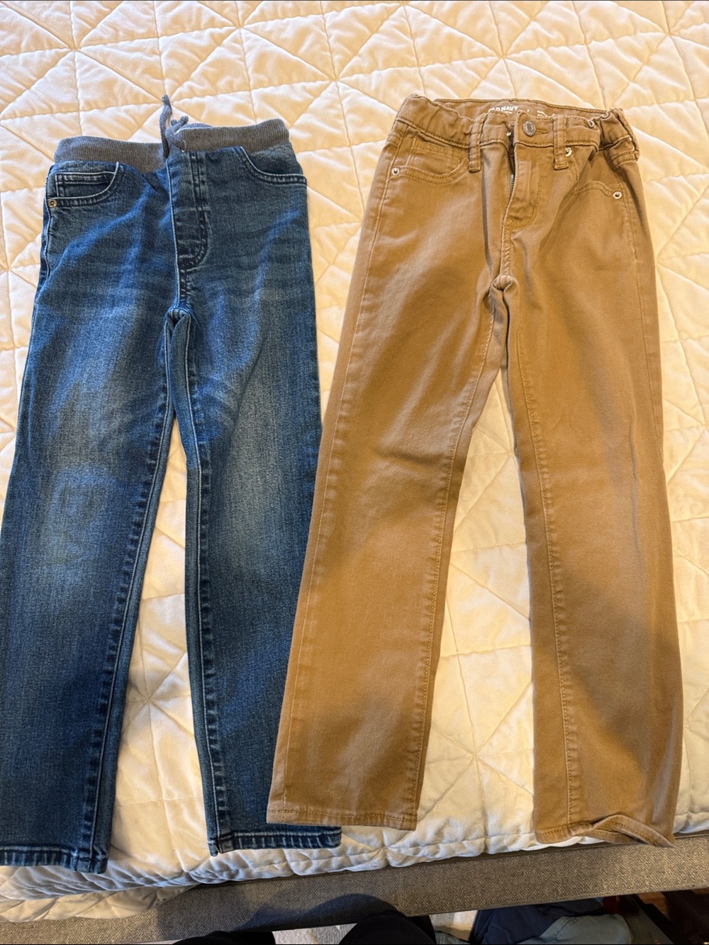 Tucker + Tate Slim Straight Jeans in Blue Denim and  Old Navy Tan Jeans